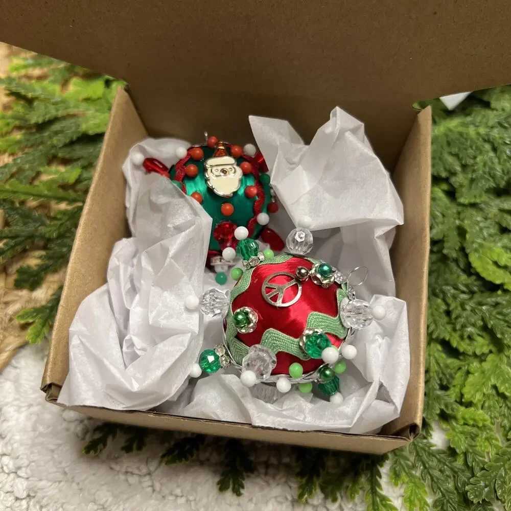 Set of 2 Mini Push Pin Sequins Satin Thread Ball Christmas Ornaments Santa Peace